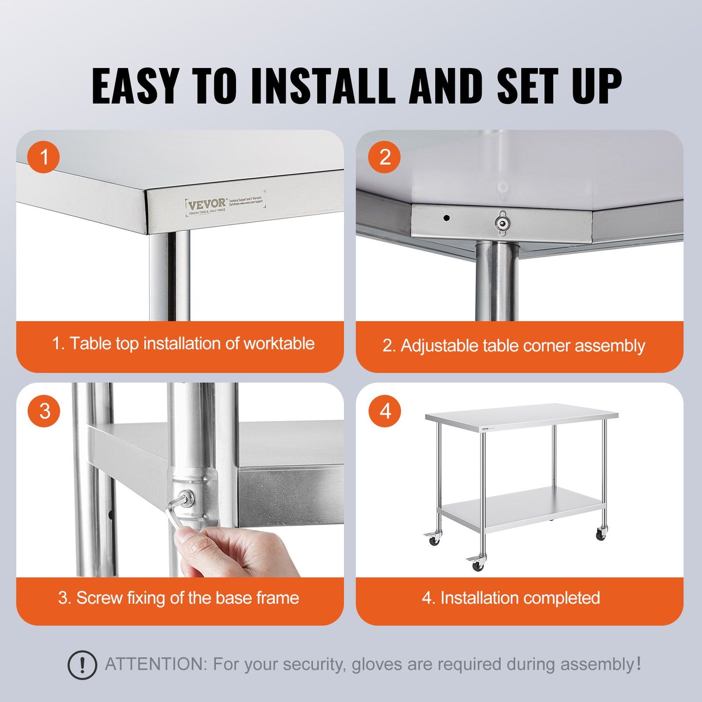 VEVOR Stainless Steel Work Table 30 x 48 x 38 Inch, with 4 Wheels, 3 Adjustable