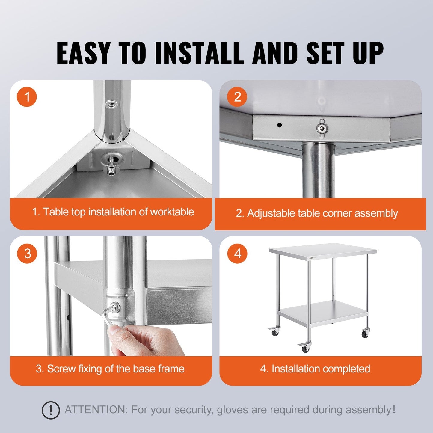 Stainless Steel Kitchen Work Table on Wheels, Adjustable Height, 0.76 x 0.91 x 0.95m