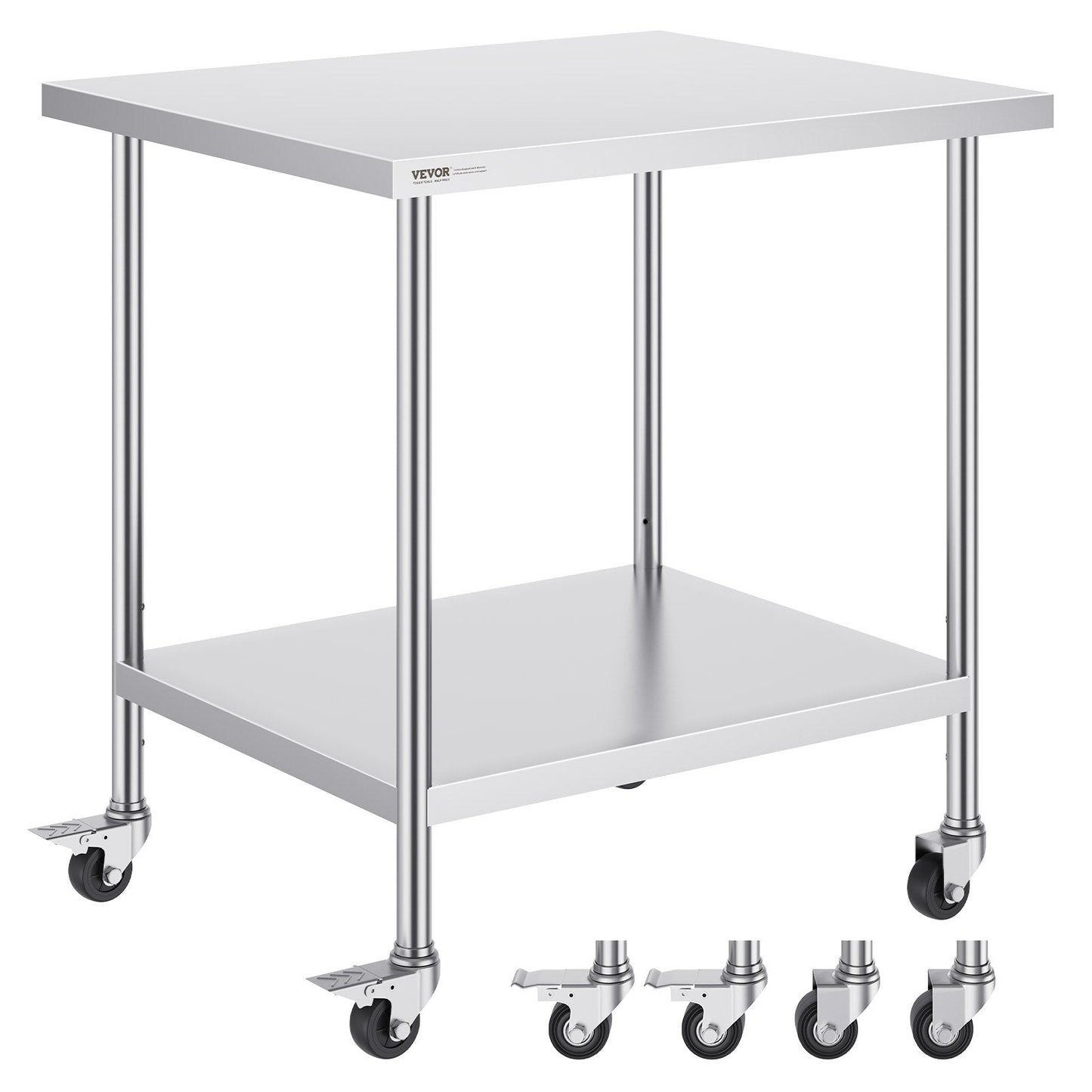 Stainless Steel Kitchen Work Table on Wheels, Adjustable Height, 0.76 x 0.91 x 0.95m