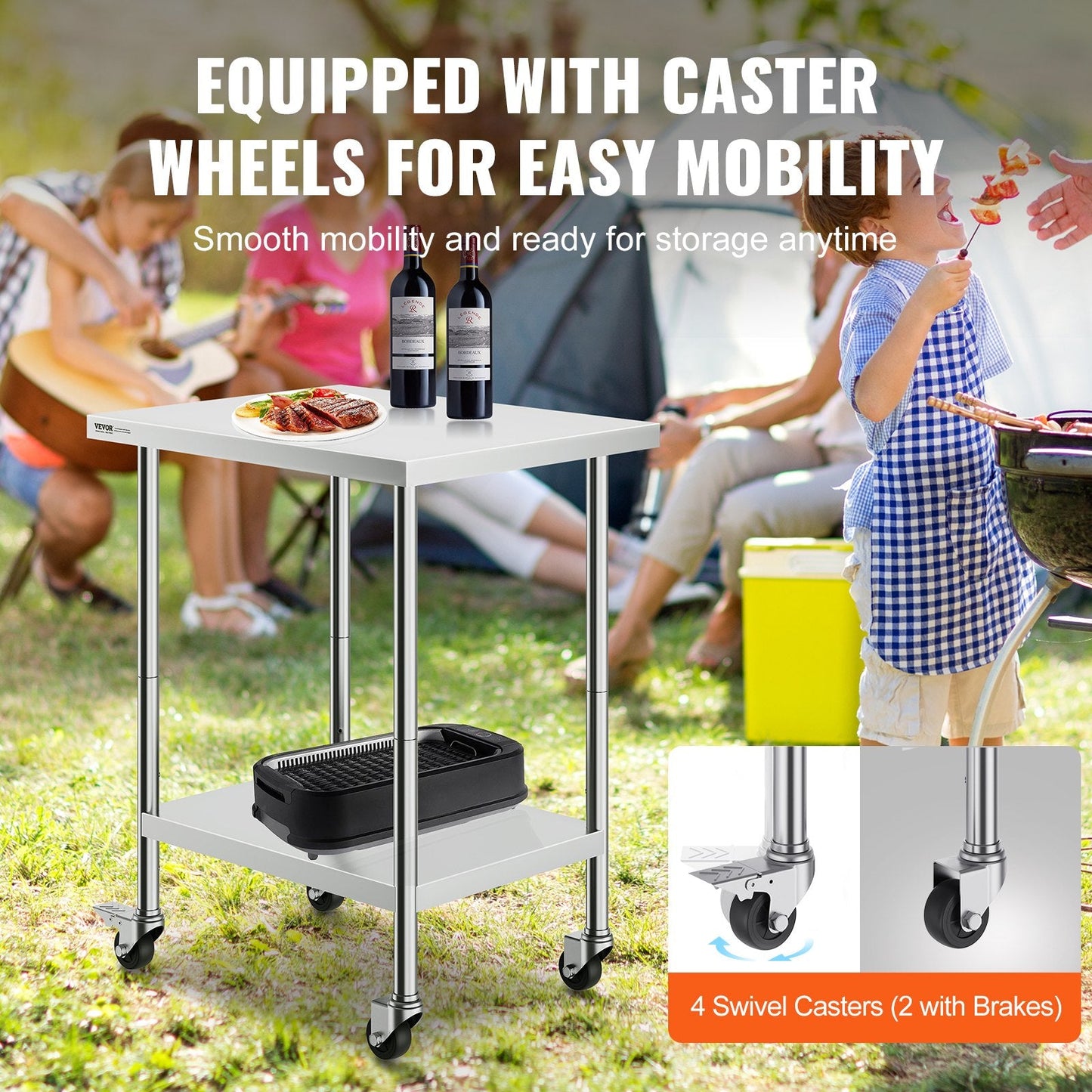 Stainless Steel Work Table with Wheels, Adjustable Height, 0.61 x 0.76 x 0.95 m