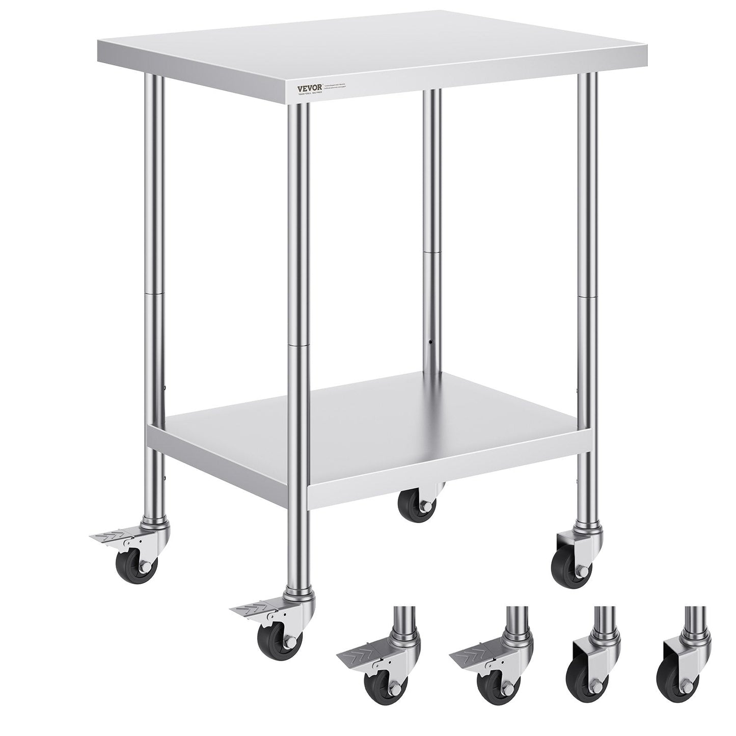 Stainless Steel Work Table with Wheels, Adjustable Height, 0.61 x 0.76 x 0.95 m