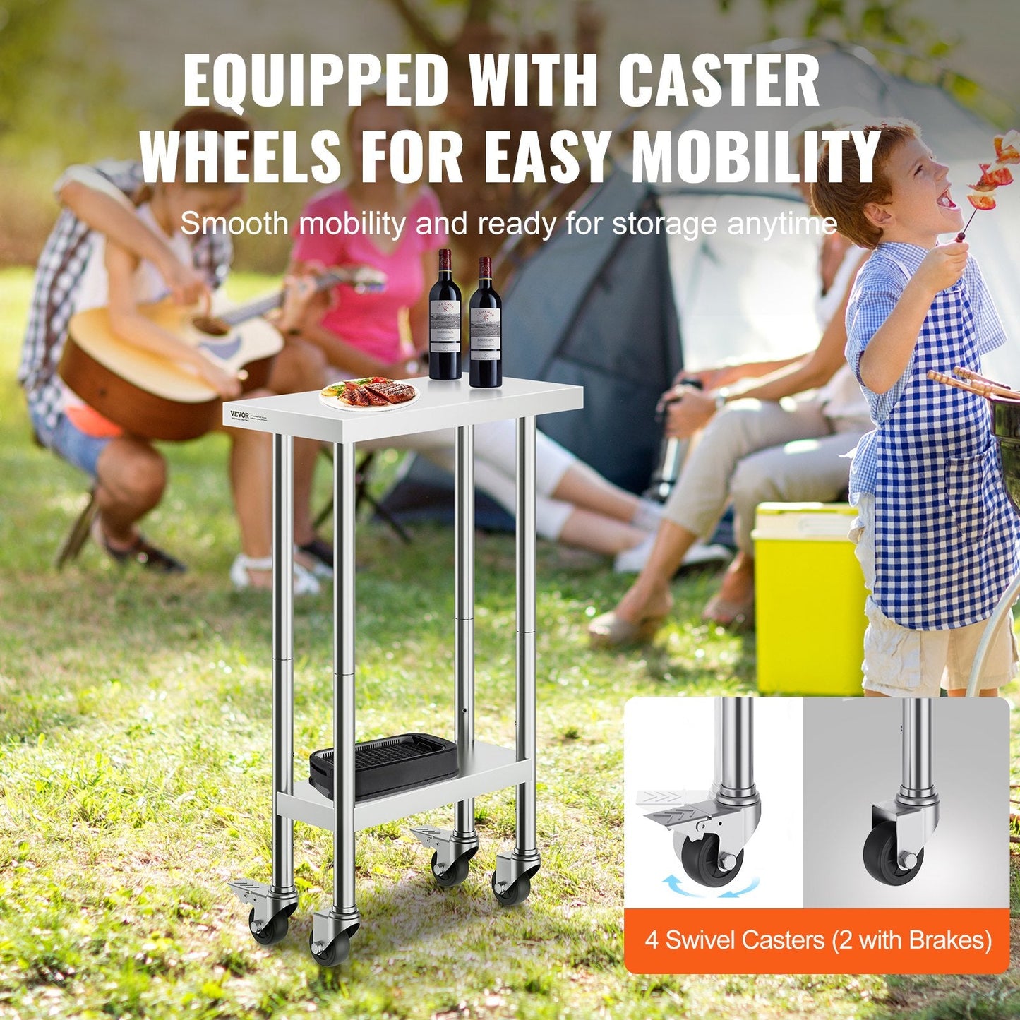 Stainless Steel Work Table 0.6 x 0.3 x 0.9m, 4 Wheels, Adjustable for Kitchen Use