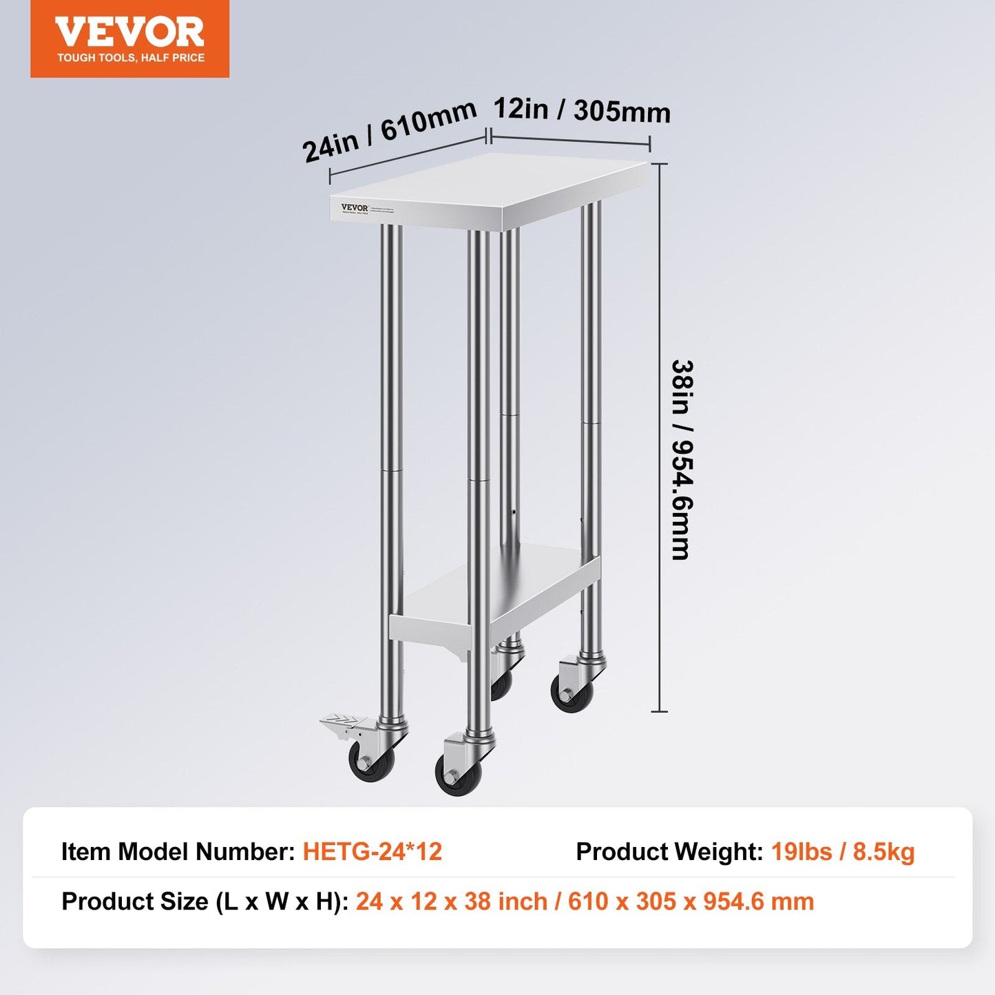 Stainless Steel Work Table 0.6 x 0.3 x 0.9m, 4 Wheels, Adjustable for Kitchen Use