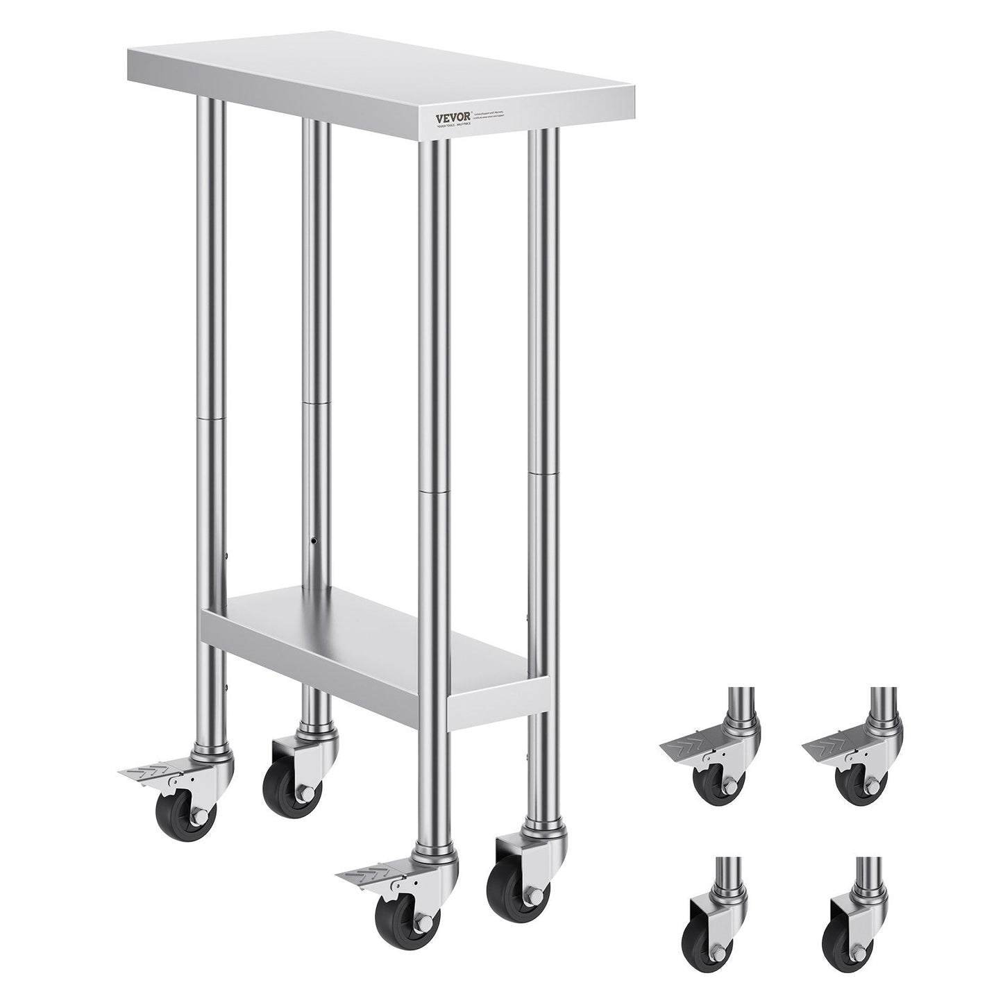 Stainless Steel Work Table 0.6 x 0.3 x 0.9m, 4 Wheels, Adjustable for Kitchen Use