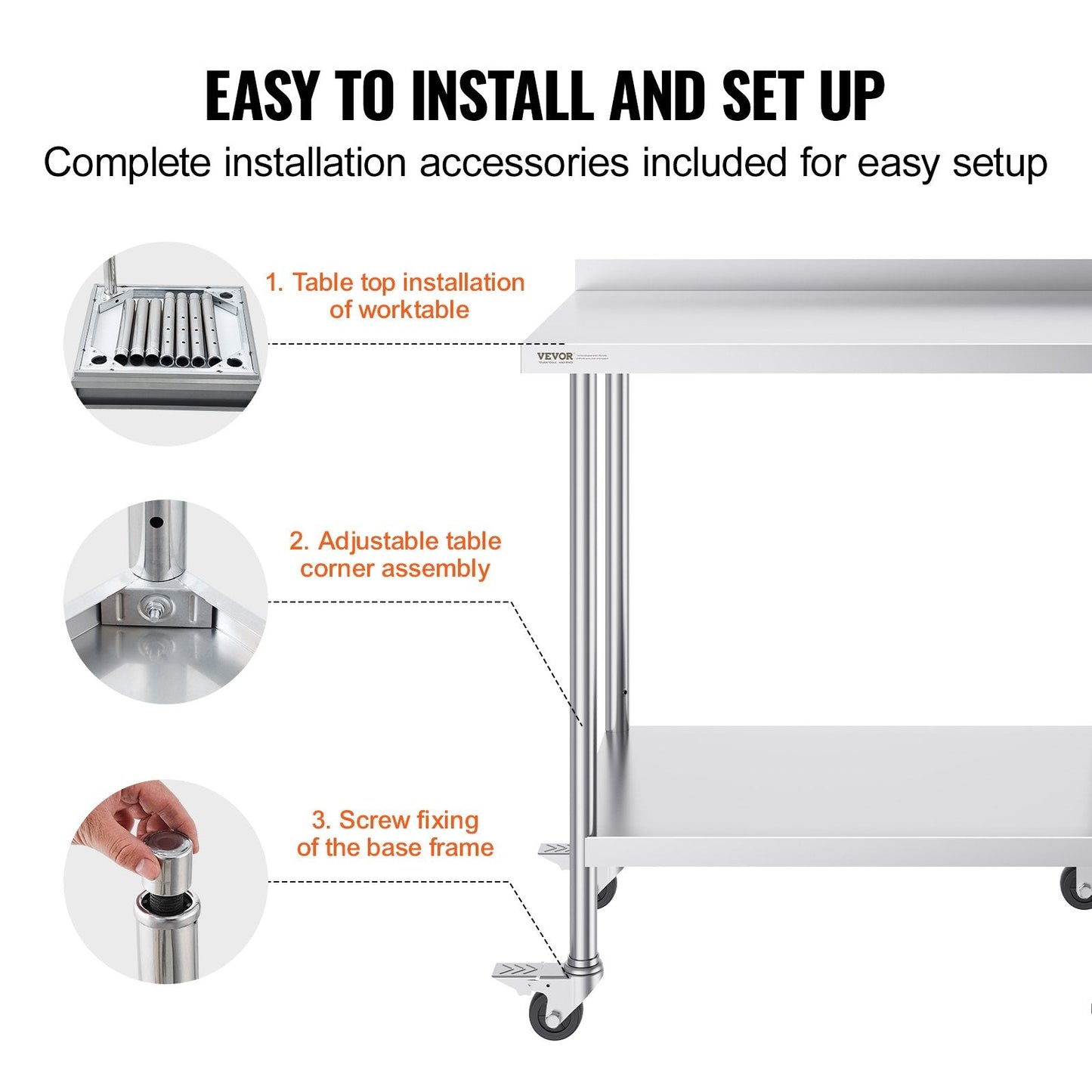 Stainless Steel Food Prep Table with Casters, Adjustable Height, 0.6 x 0.9 x 1 m