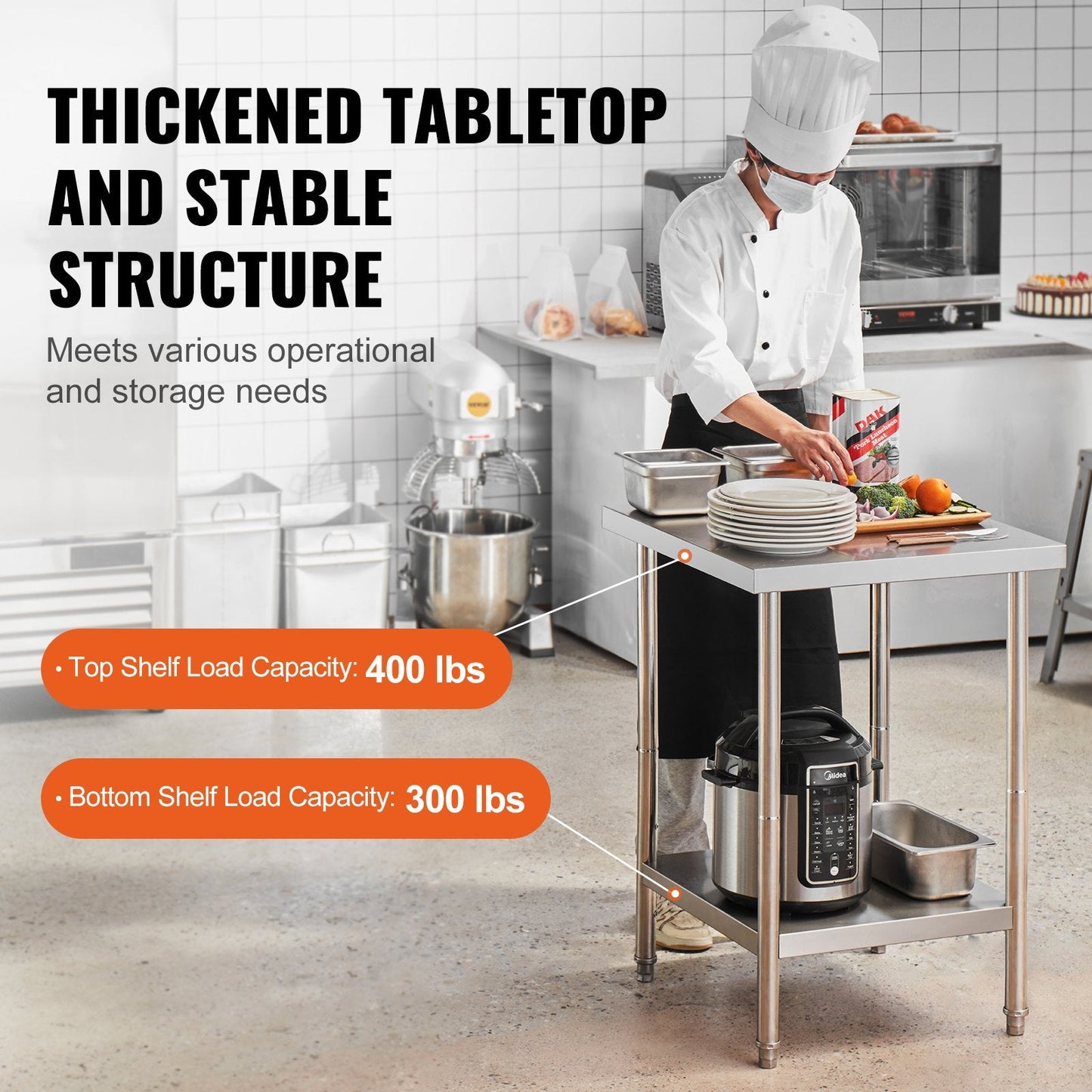 Stainless Steel Prep Table, 0.61 x 0.61 x 0.86m, 317 kg Capacity, Adjustable Height