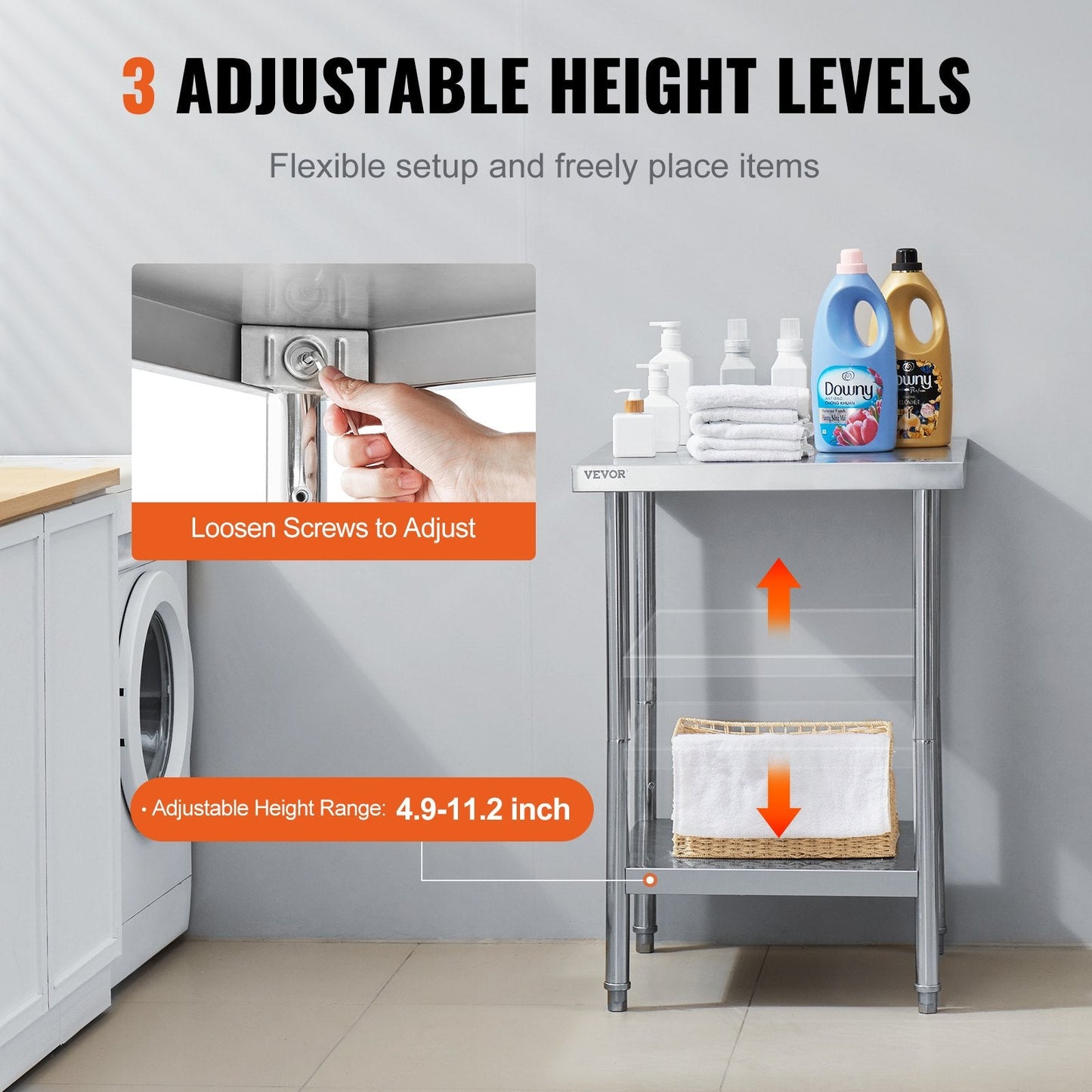 Stainless Steel Prep Table, 0.61 x 0.61 x 0.86m, 317 kg Capacity, Adjustable Height