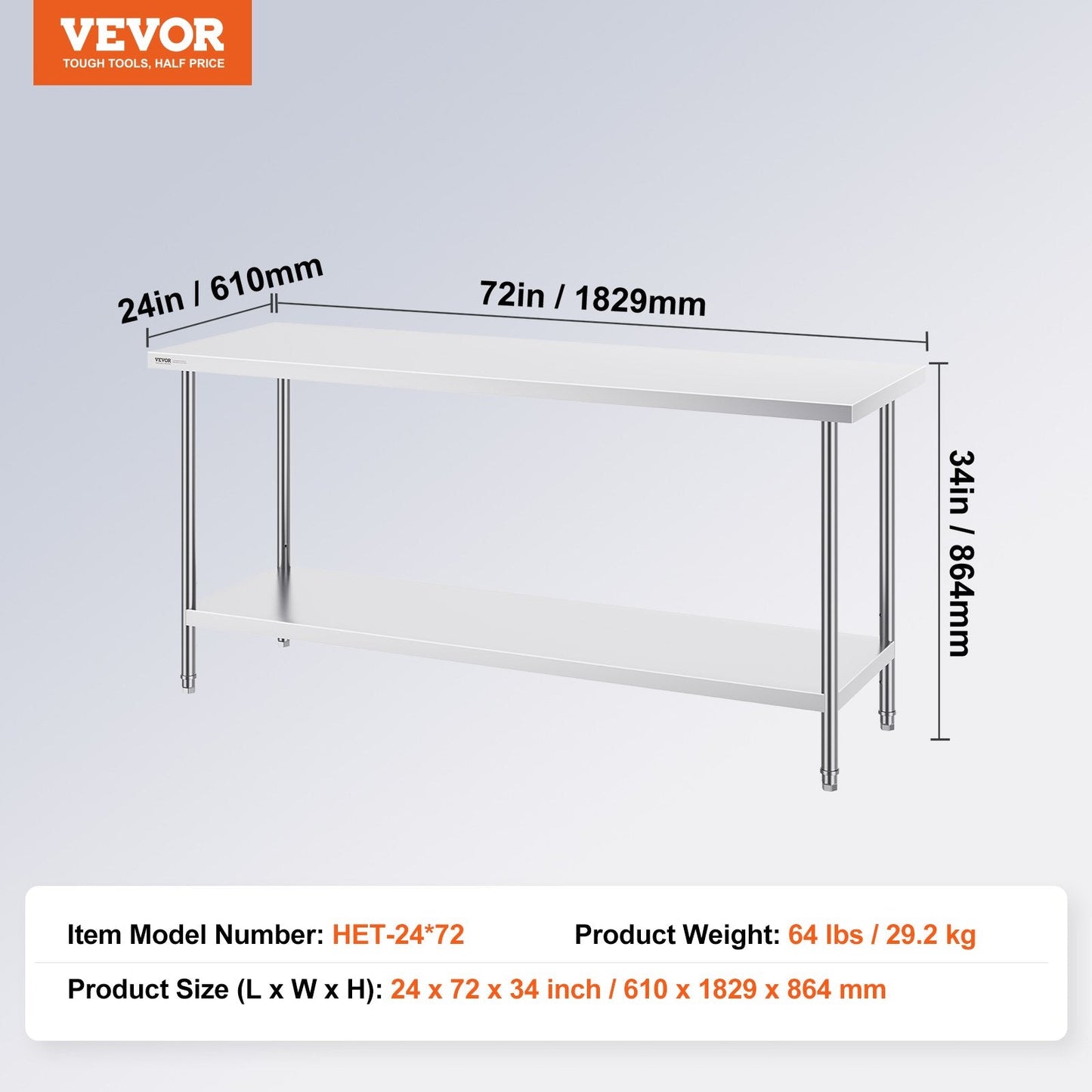 Stainless Steel Work Table, 0.61 x 1.83 x 0.86 m, Adjustable Height, Versatile Use