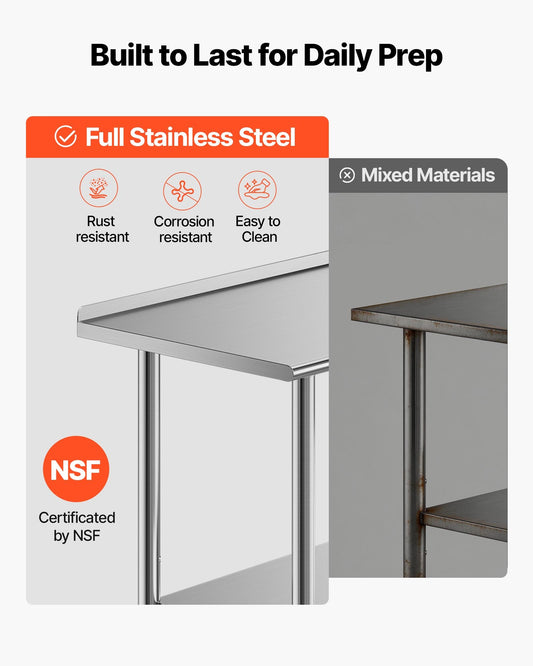 Stainless Steel Work Table, 61x183 cm Food Prep Table with Backsplash, Commercial Kitchen Workstation with Adjustable Undershelf, Metal Heavy Duty Utility Worktable, for Restaurant Home Outdoor
