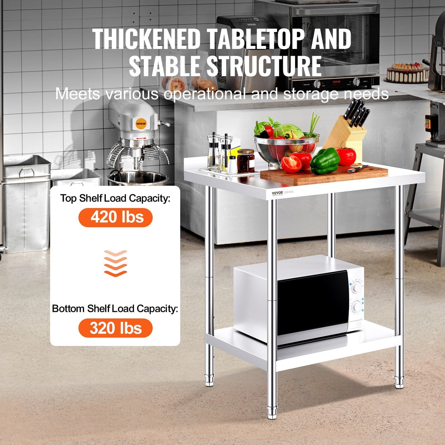 Stainless Steel Work Table, Heavy Duty Food Prep Table with Adjustable Height
