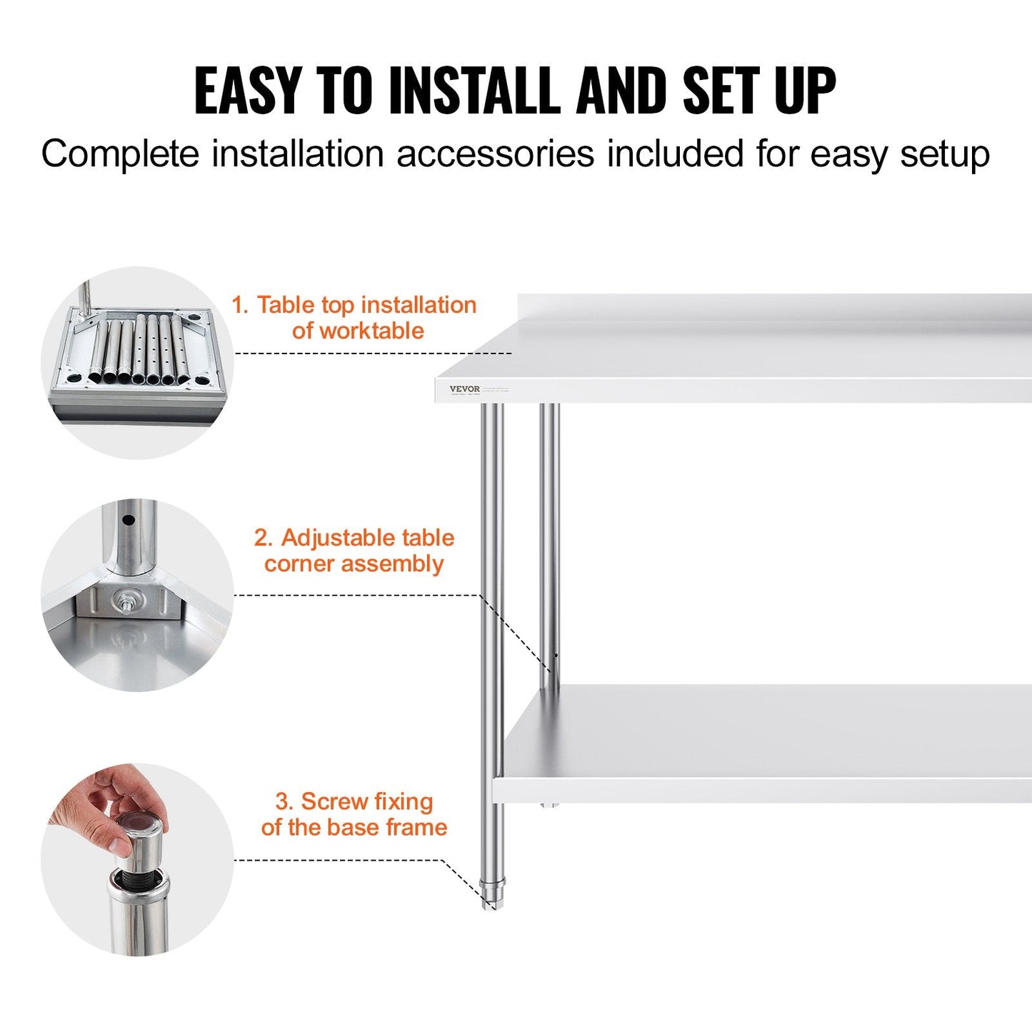 Stainless Steel Commercial Prep Table, Adjustable Height, 0.61 x 1.83 x 0.91m