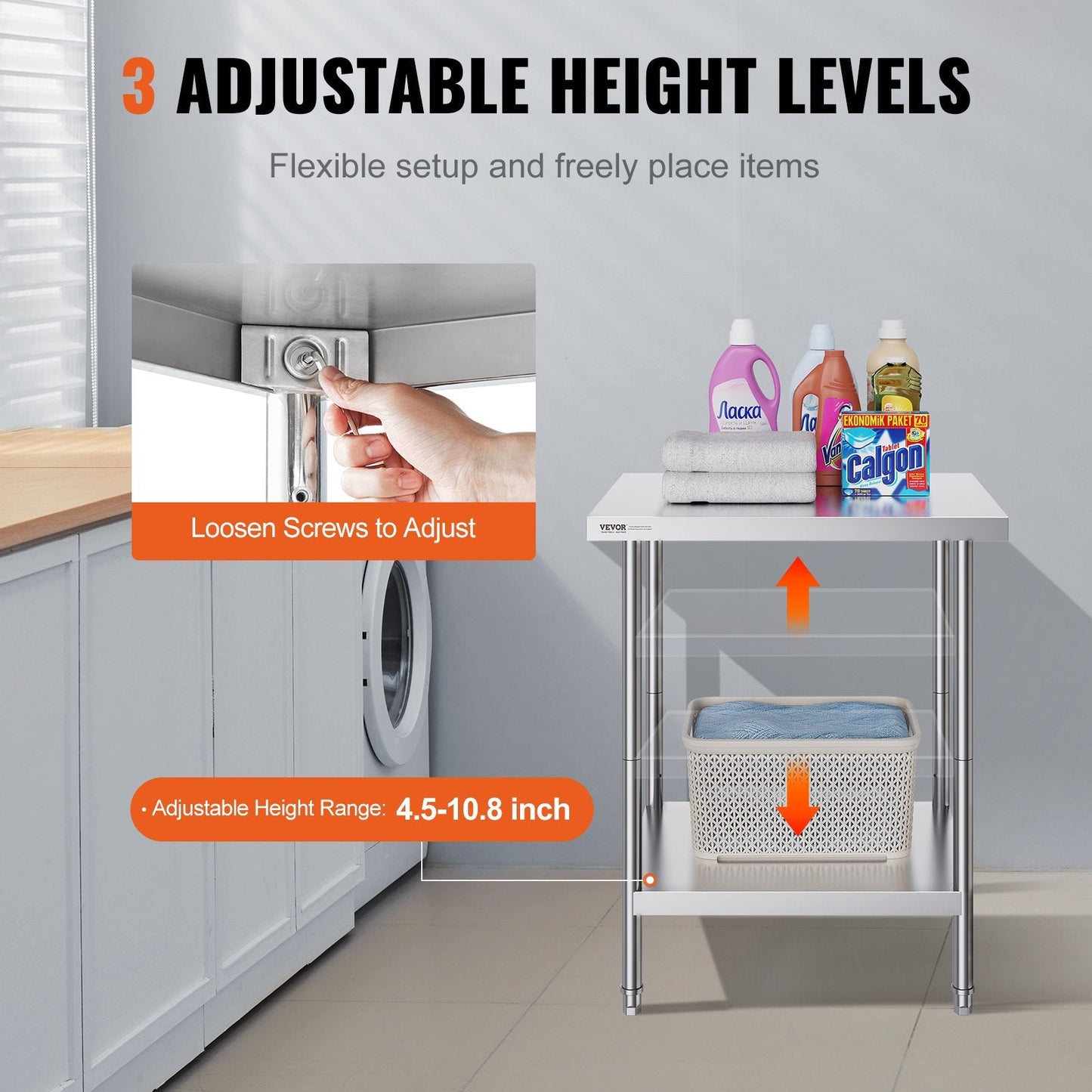 Stainless Steel Worktable, Adjustable Height, 0.61 x 0.76 x 0.86m, 13.3 kg