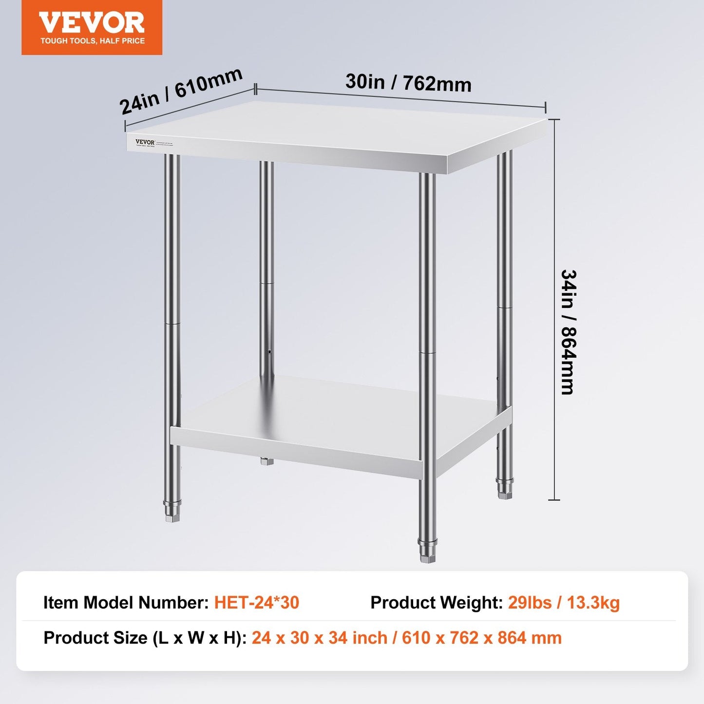 Stainless Steel Worktable, Adjustable Height, 0.61 x 0.76 x 0.86m, 13.3 kg