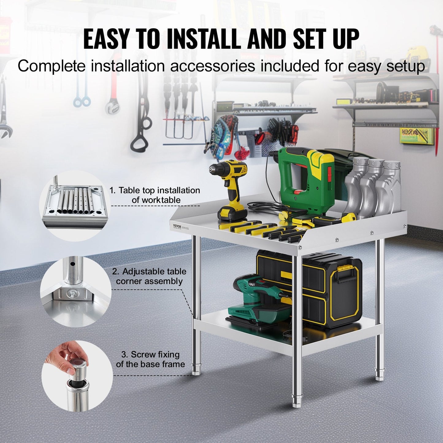 Stainless Steel Food Prep Table, 0.61 x 0.71 x 0.66m, with Backsplash & Adjustable Height