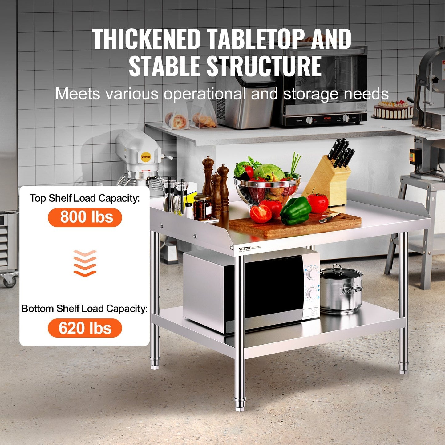 Stainless Steel Food Prep Table with Backsplash, 0.76 x 0.91 x 0.66 m, Adjustable Height