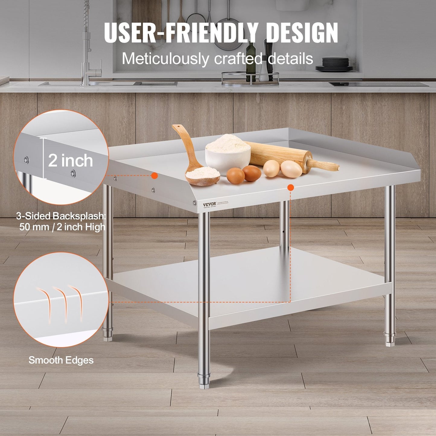 Stainless Steel Food Prep Table with Backsplash, 0.76 x 0.91 x 0.66 m, Adjustable Height