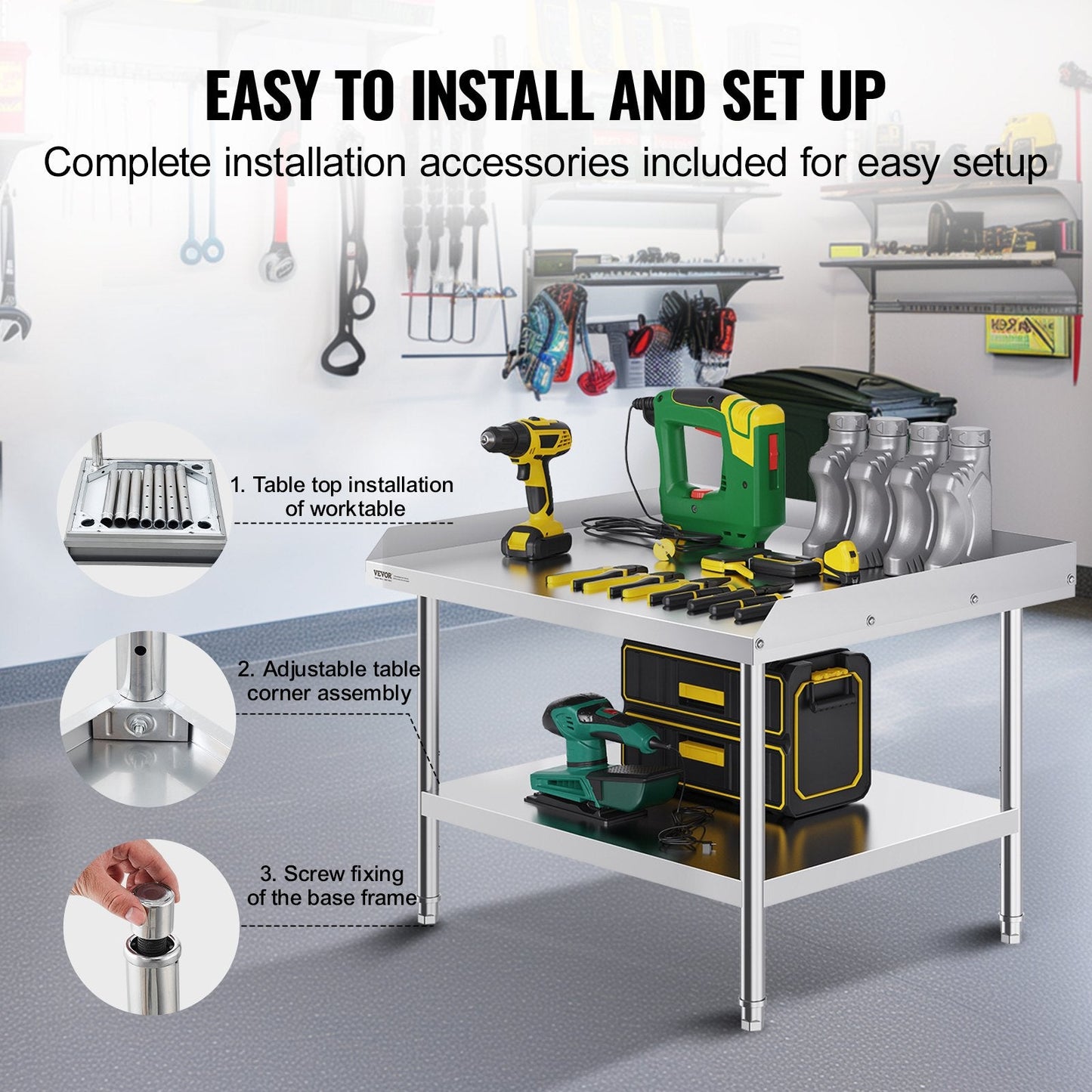 Stainless Steel Food Prep Table with Backsplash, 0.76 x 0.91 x 0.66 m, Adjustable Height
