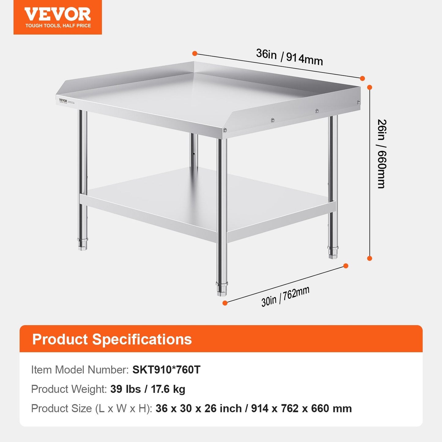 Stainless Steel Food Prep Table with Backsplash, 0.76 x 0.91 x 0.66 m, Adjustable Height