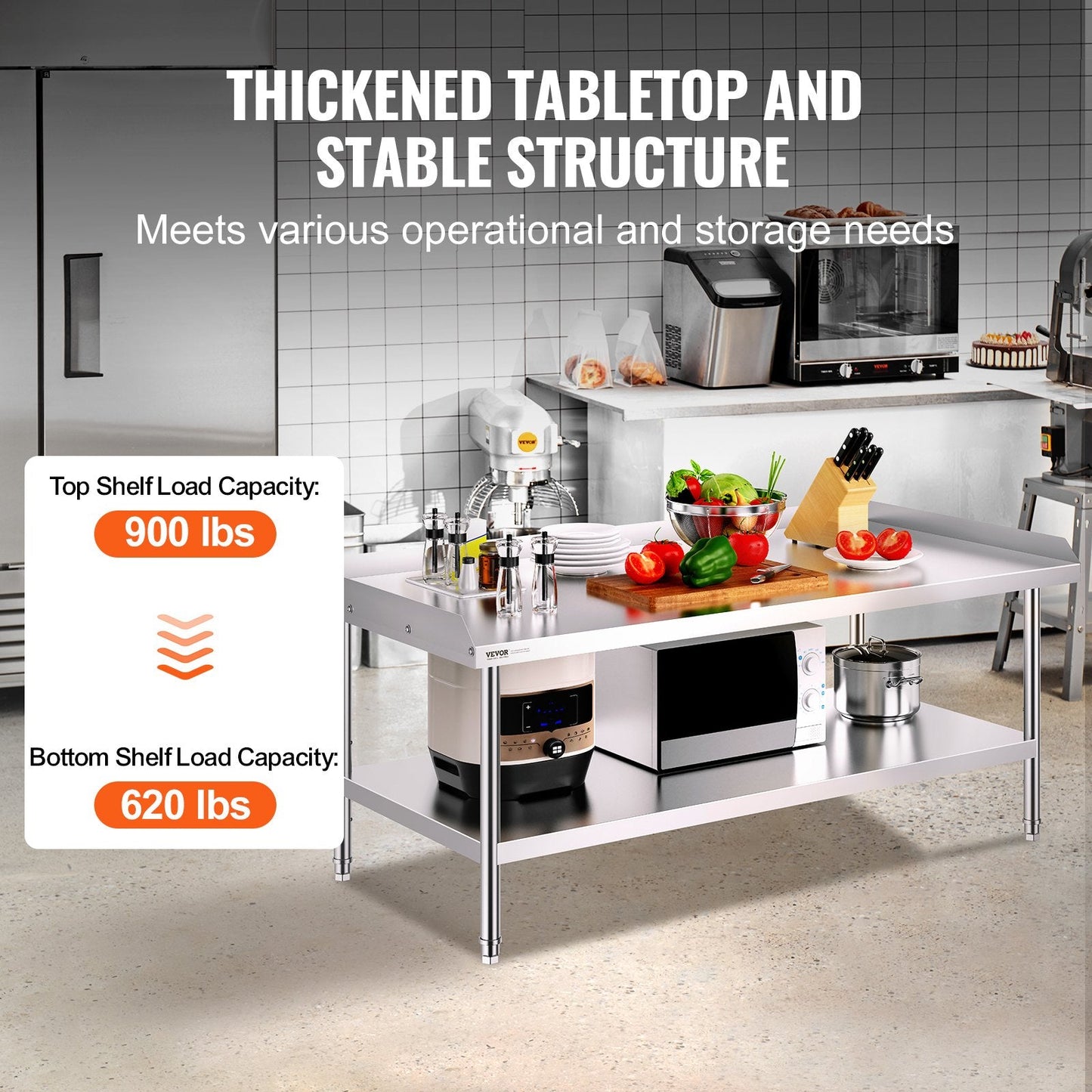 Stainless Steel Food Prep Table with Backsplash, Adjustable Height, 0.76 x 1.52 m