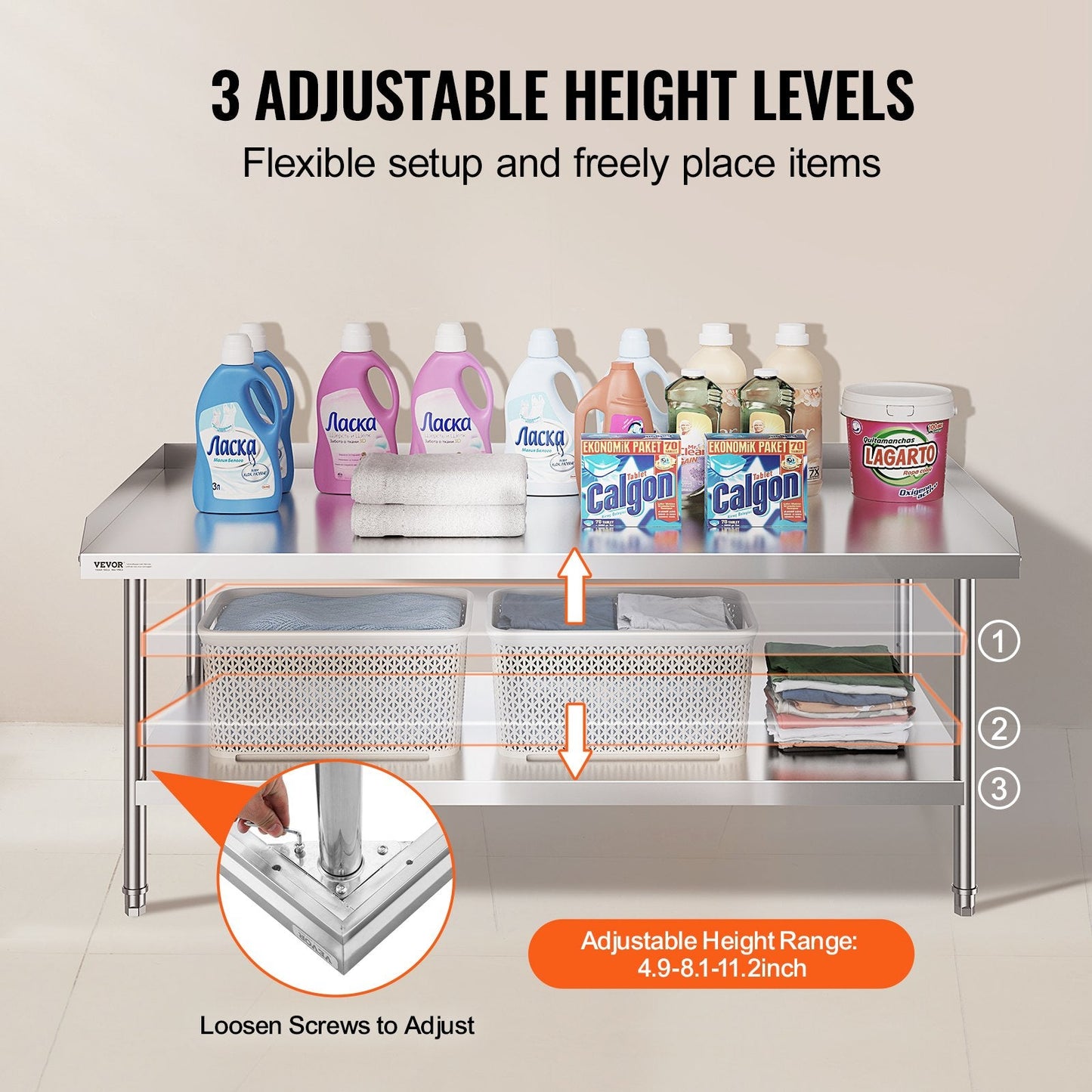 Stainless Steel Food Prep Table with Backsplash, Adjustable Height, 0.76 x 1.52 m