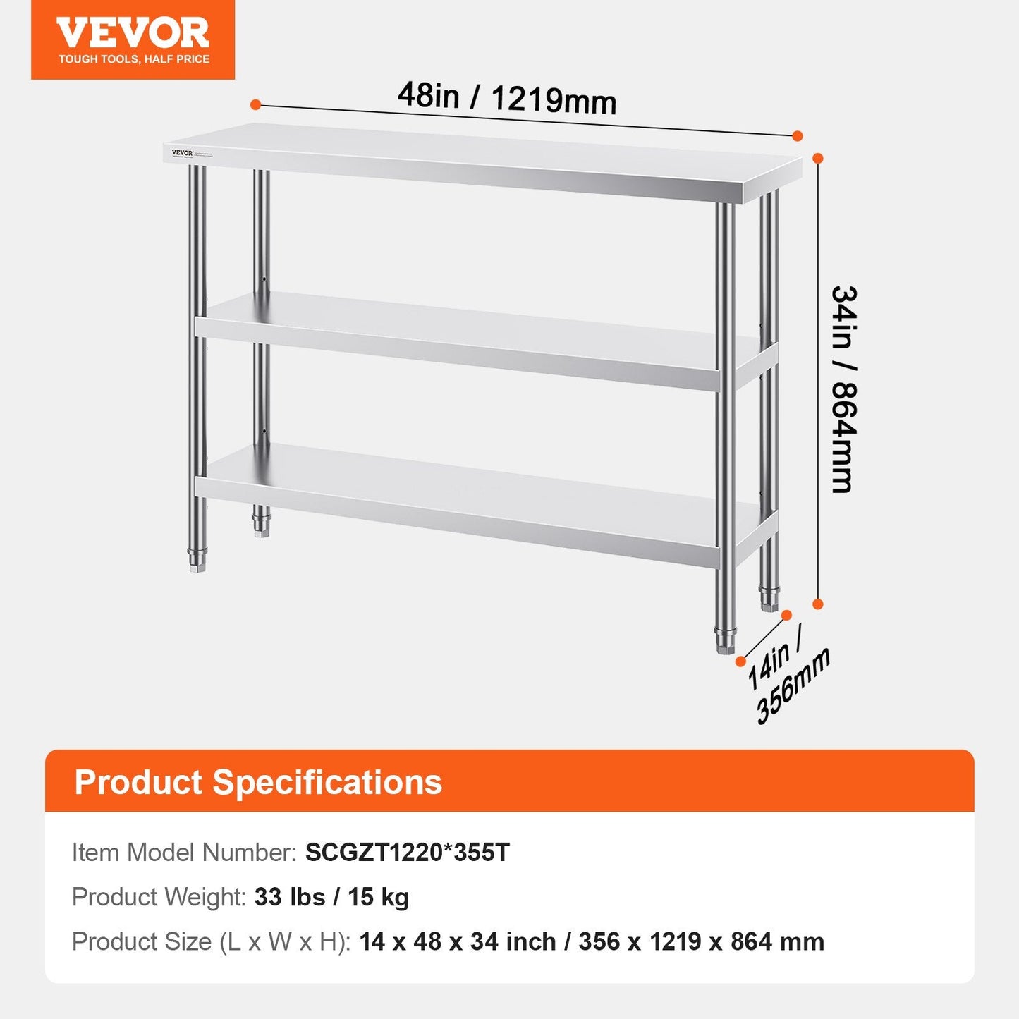 Stainless Steel Worktable with Adjustable Undershelves, 0.36 x 1.22 x 0.86 Meter