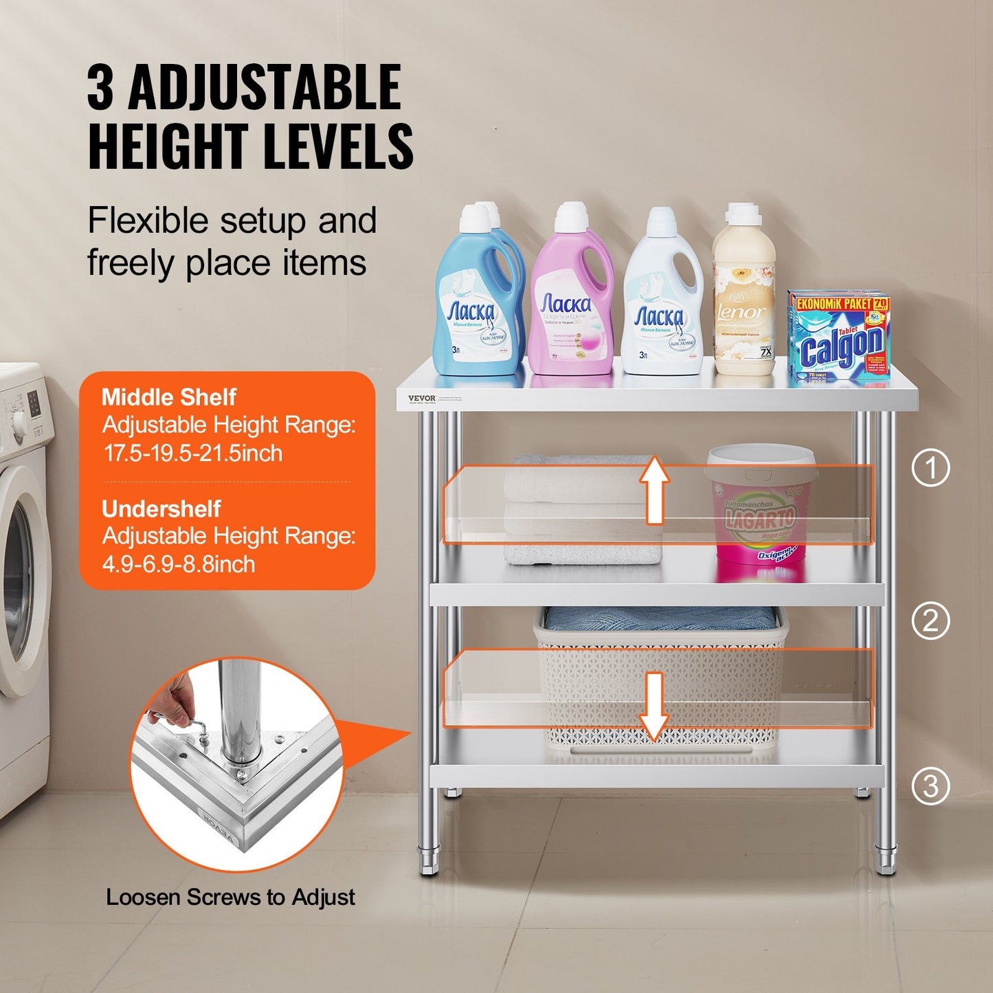 Stainless Steel Worktable with Dual Adjustable Shelves, 0.46 x 0.91 x 0.86 m