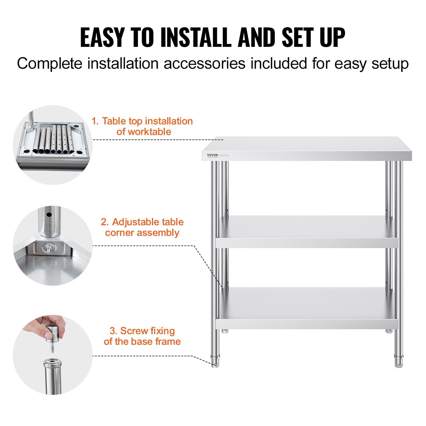 Stainless Steel Worktable with Dual Adjustable Shelves, 0.46 x 0.91 x 0.86 m