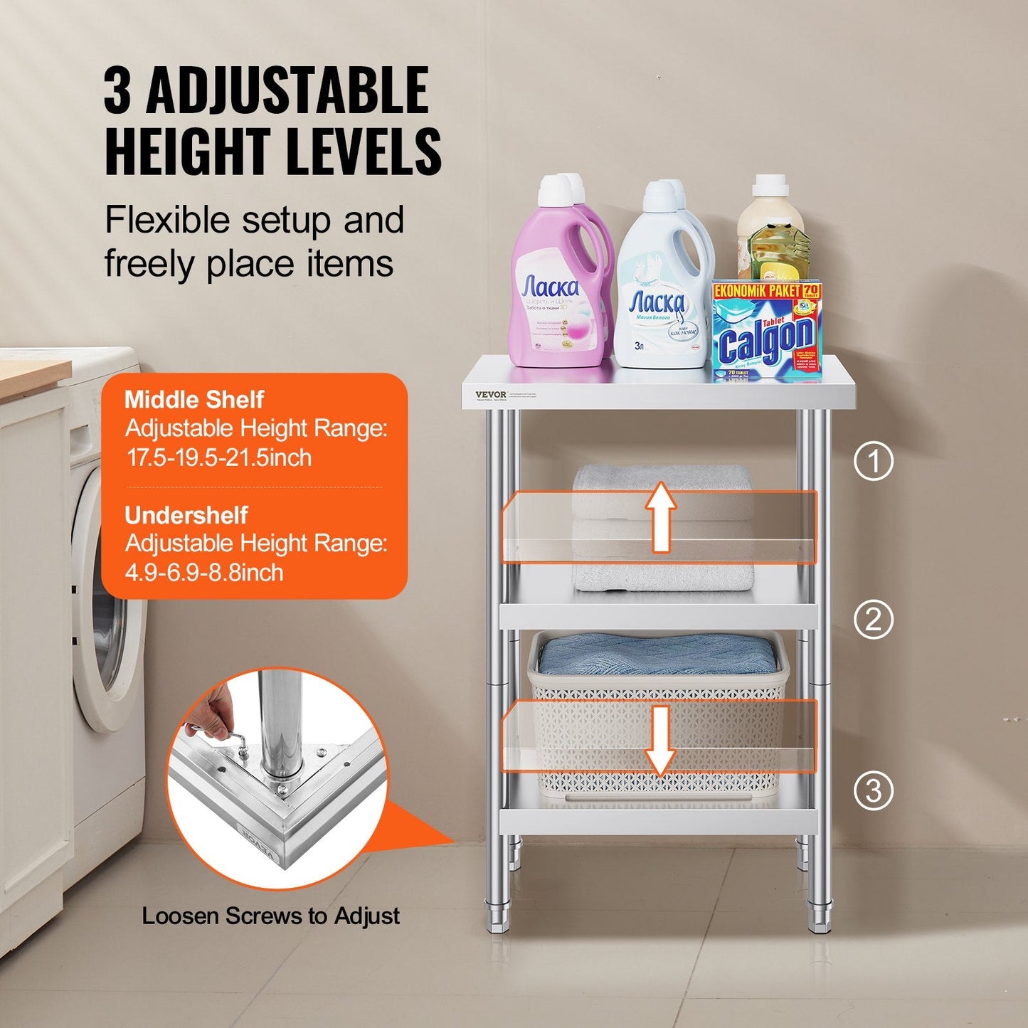 Stainless Steel Worktable: 0.36 x 0.61 x 0.86m, Adjustable for Kitchen & Garage Use