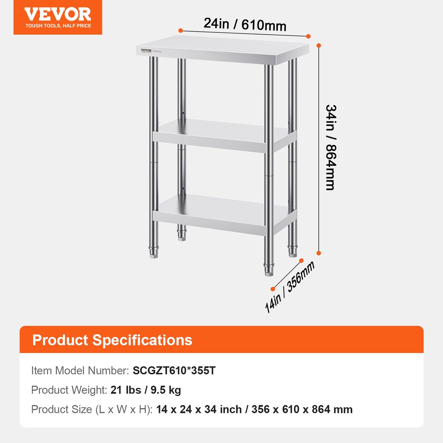 VEVOR Stainless Steel Food Prep Table, 14 x 24 x 34 Inch Commercial Kitchen Worktable,