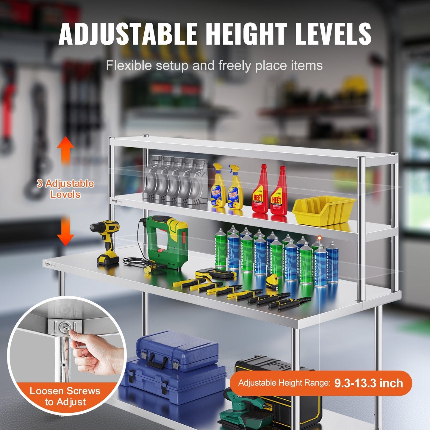 Stainless Steel Double Tier Overshelf, Adjustable, 0.3 x 1.8m, 11.85 kg Capacity