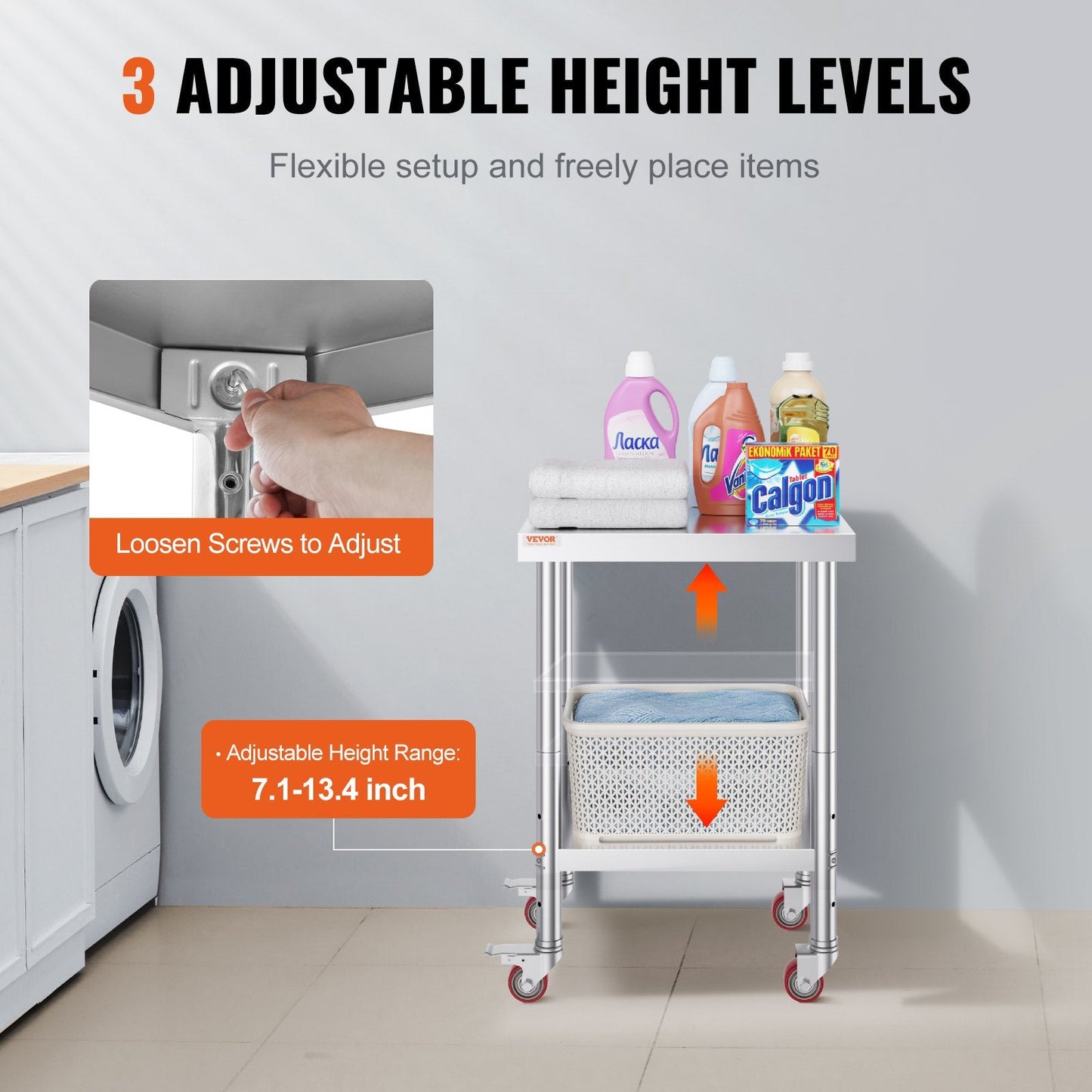 Stainless Steel Work Table with Adjustable Shelves and Wheels, 610x450x860mm