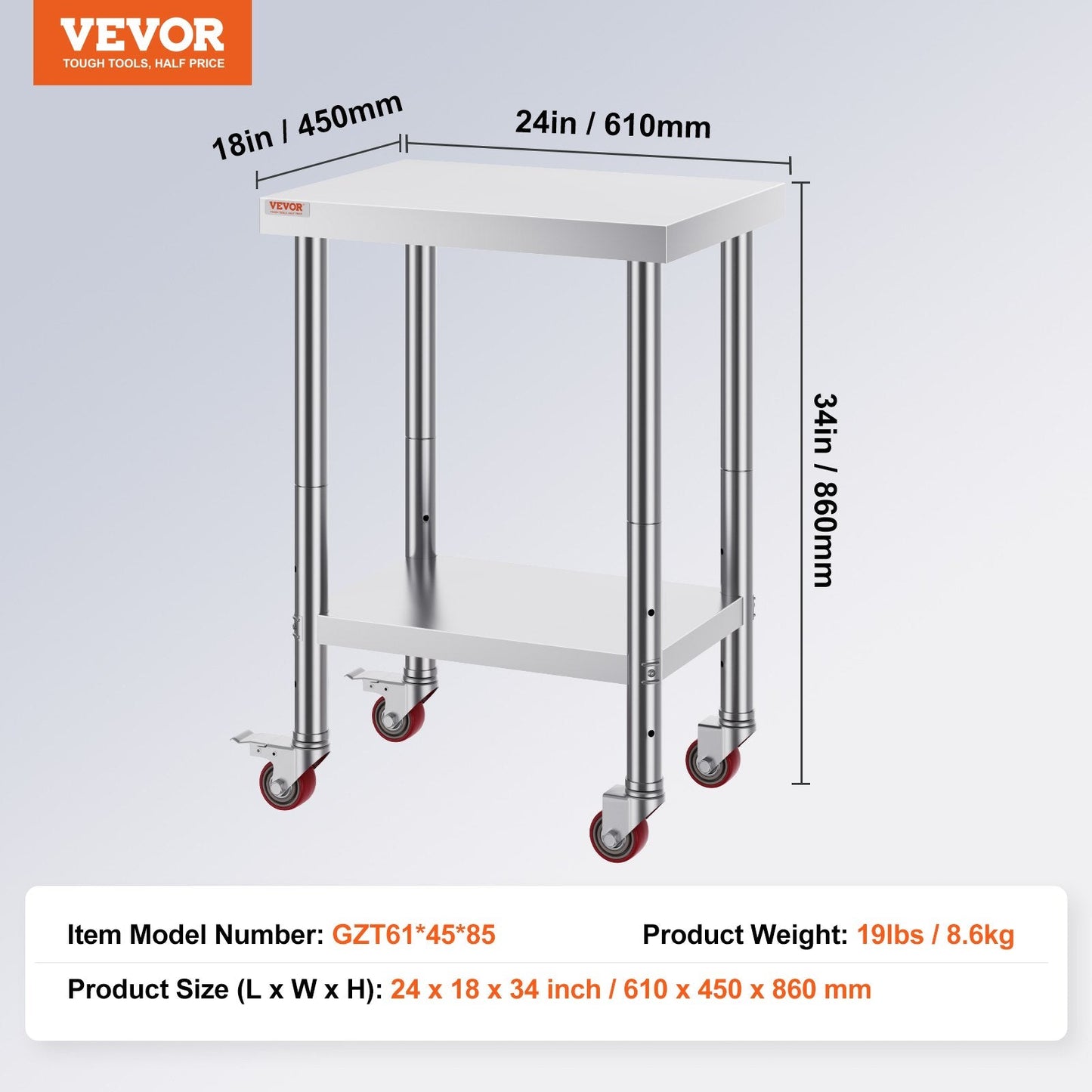 Stainless Steel Work Table with Adjustable Shelves and Wheels, 610x450x860mm