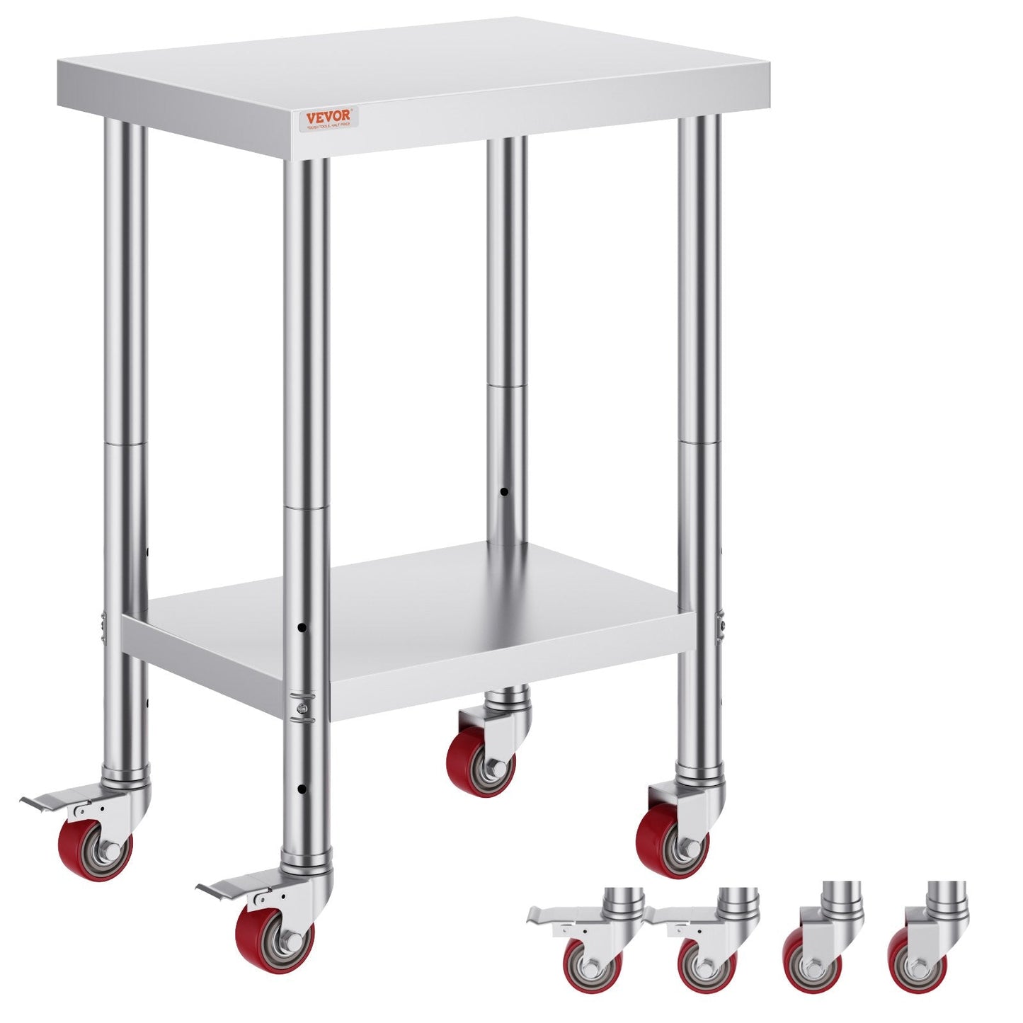 Stainless Steel Work Table with Adjustable Shelves and Wheels, 610x450x860mm