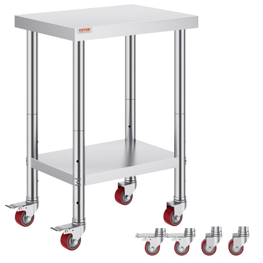 VEVOR 24x18x34 Inch Stainless Steel Work Table 3-Stage Adjustable Shelf with 4 Wheels
