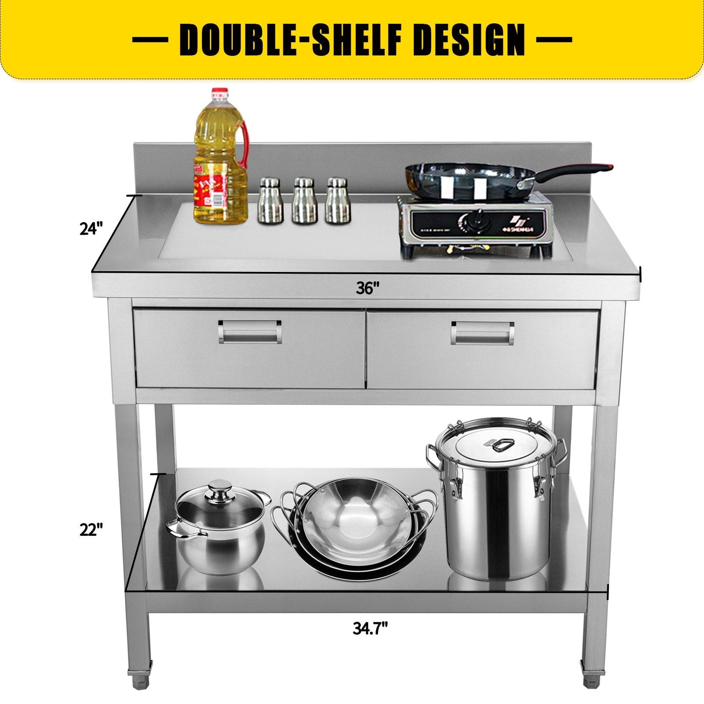 Stainless Steel Food Prep Worktable with Drawer and Double Shelf, 0.6 x 0.9m
