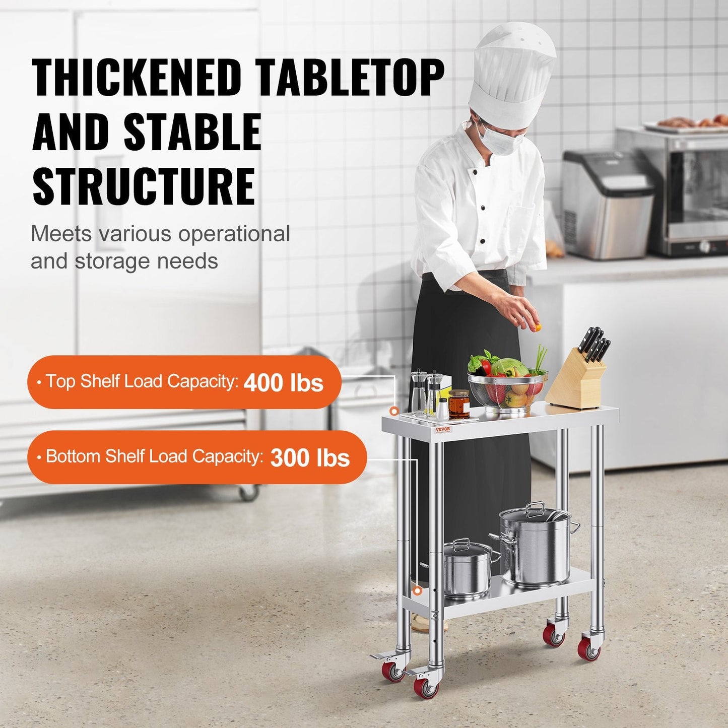 Stainless Steel Work Table with 3-Stage Adjustable Shelf and Wheels, 0.76m x 0.3m
