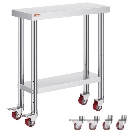 VEVOR 30x12x34 Inch Stainless Steel Work Table 3-Stage Adjustable Shelf with 4 Wheels