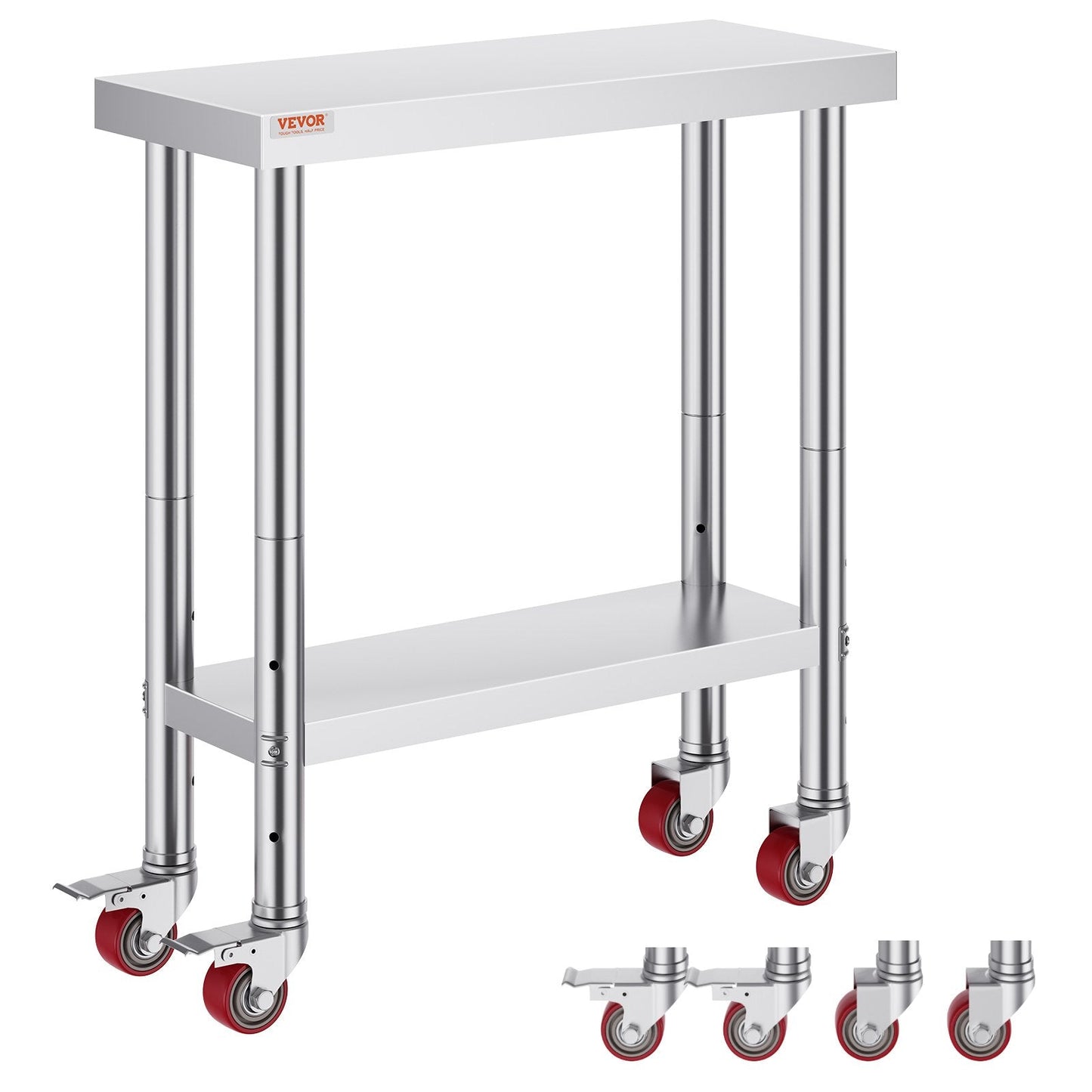 Stainless Steel Work Table with 3-Stage Adjustable Shelf and Wheels, 0.76m x 0.3m