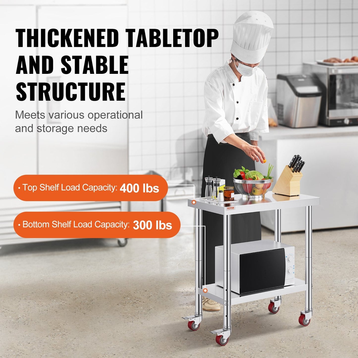 Stainless Steel Work Table with Adjustable Shelf & Wheels, 0.76 x 0.45 x 0.86m