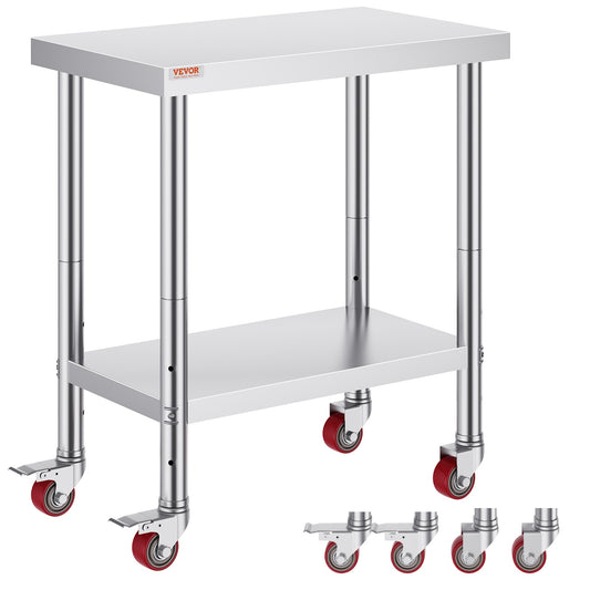 VEVOR 30x18x34 Inch Stainless Steel Work Table 3-Stage Adjustable Shelf with 4 Wheels