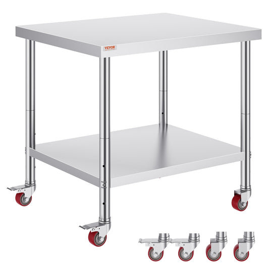 VEVOR 30x36x34 Inch Stainless Steel Work Table 3-Stage Adjustable Shelf with 4 Wheels
