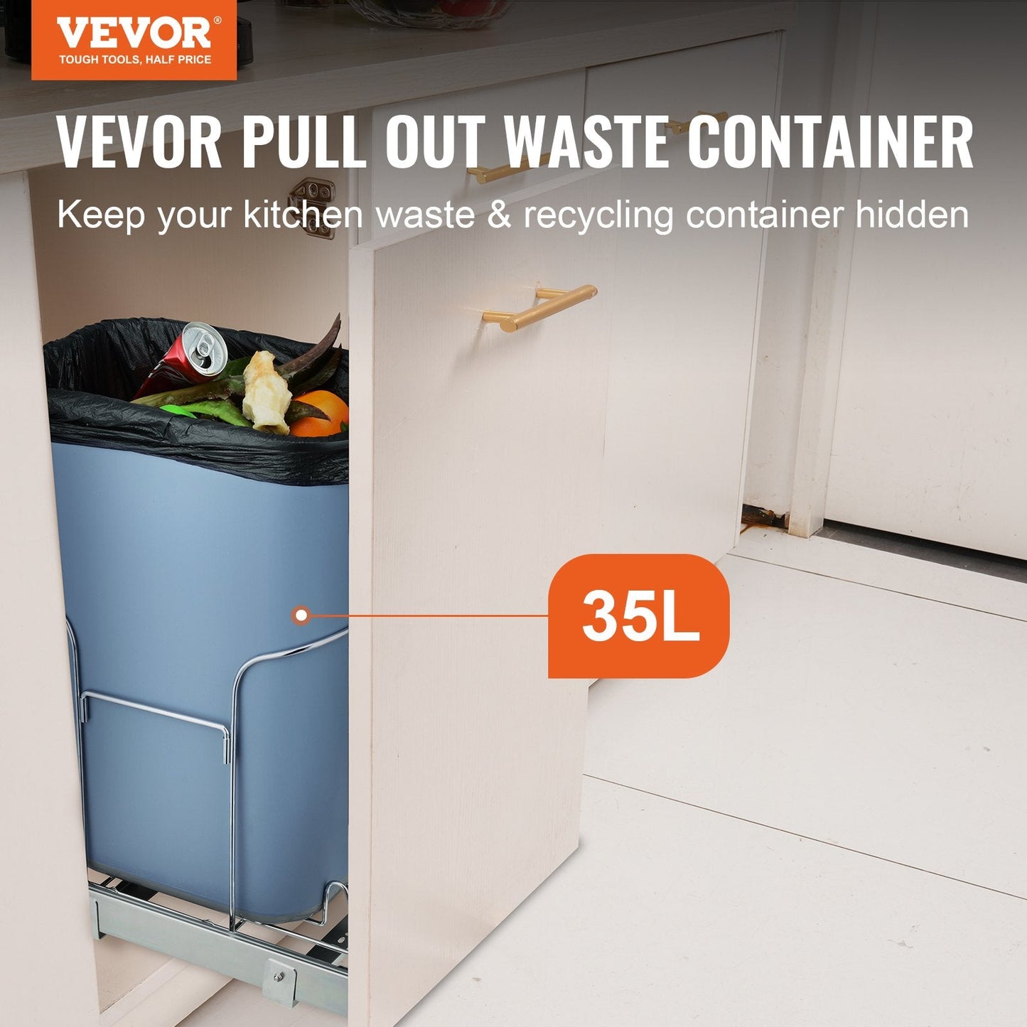 Pullout Kitchen Trash Bin 35L with Handle, Grey, Smooth Sliding Rails