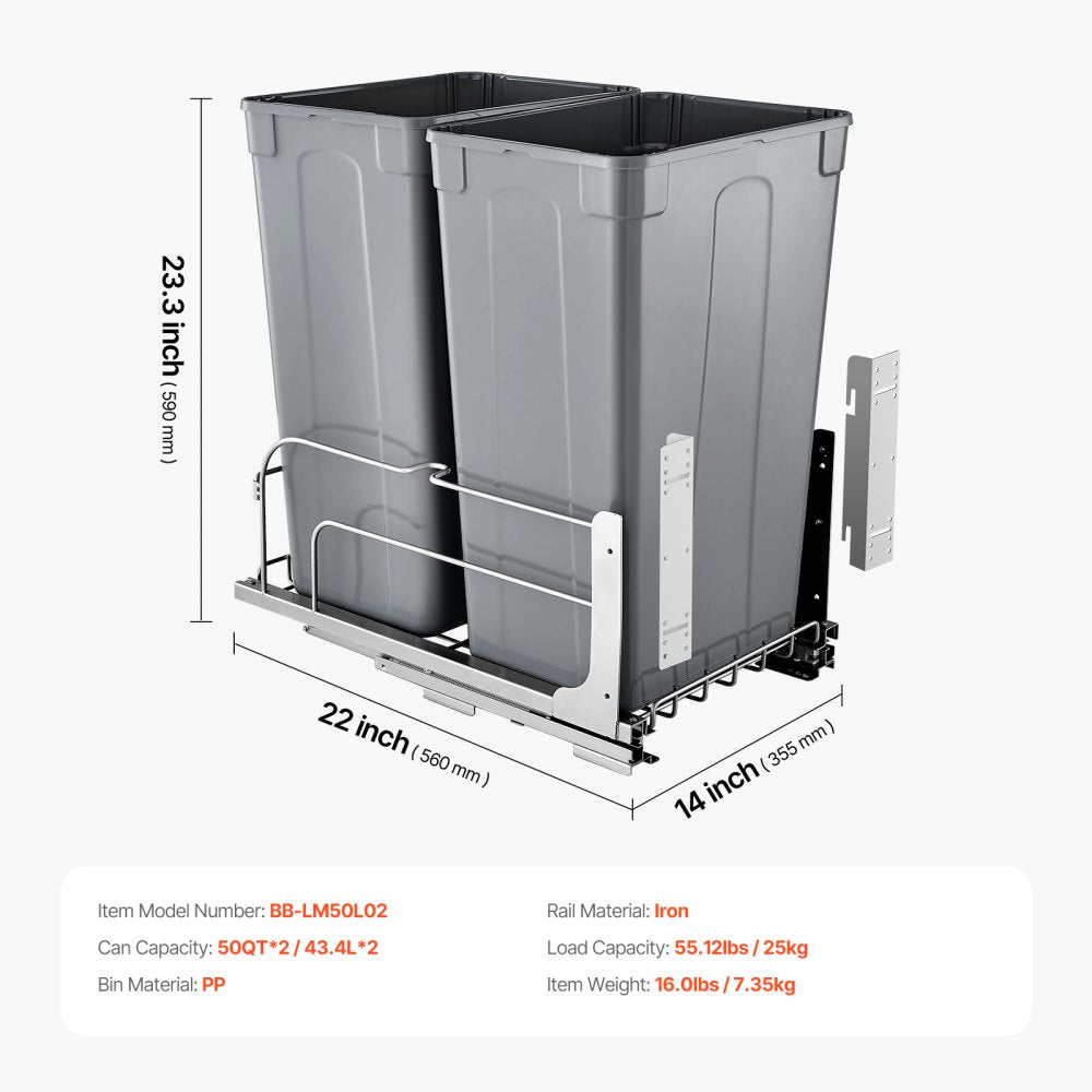 VEVOR Double Pullout Waste Container Kitchen Trash Can Soft Close Grey 50QTx2