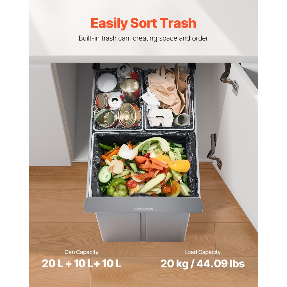 VEVOR Double 20+10+10L Pullout Waste Container Under Cabinet Kitchen Trash Can