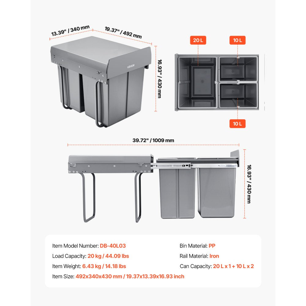VEVOR Double 20+10+10L Pullout Waste Container Under Cabinet Kitchen Trash Can