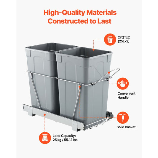 Double Pullout Waste Container Under Cabinet Kitchen Bin Trash Can