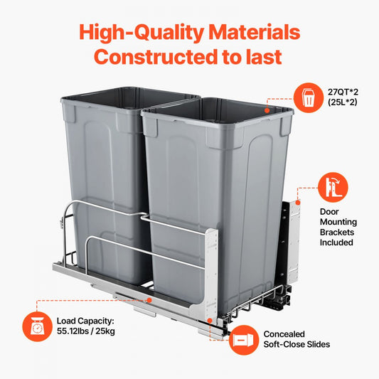 Double Pullout Waste Container Kitchen Trash Can Soft Close Grey 27QTx2