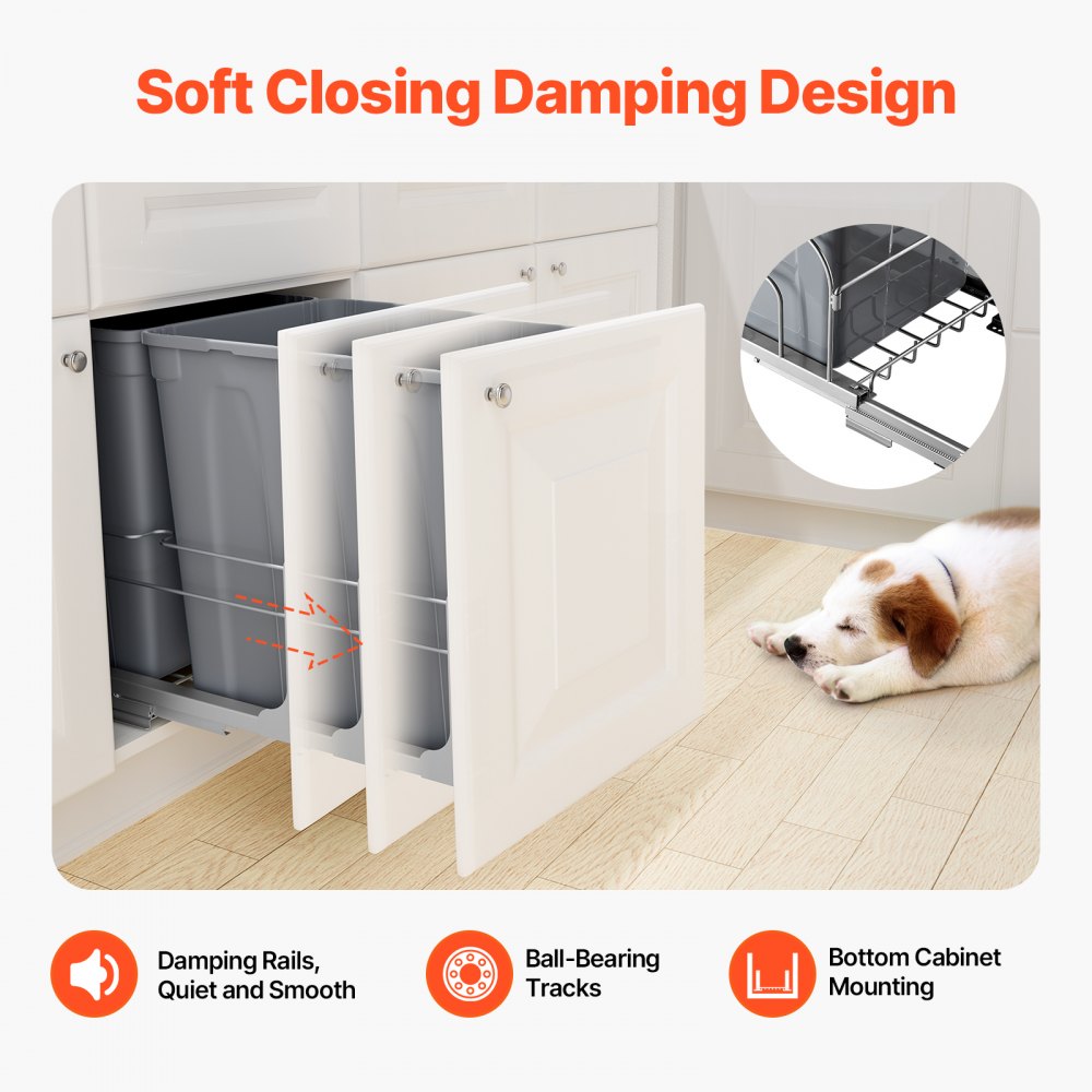 Double Pullout Waste Container Kitchen Trash Can Soft Close Grey 35QTx2