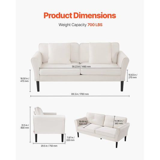 Loveseat Sofa 176 cm Velvet Fabric 2-Seats Couch with Sinuous Spring White