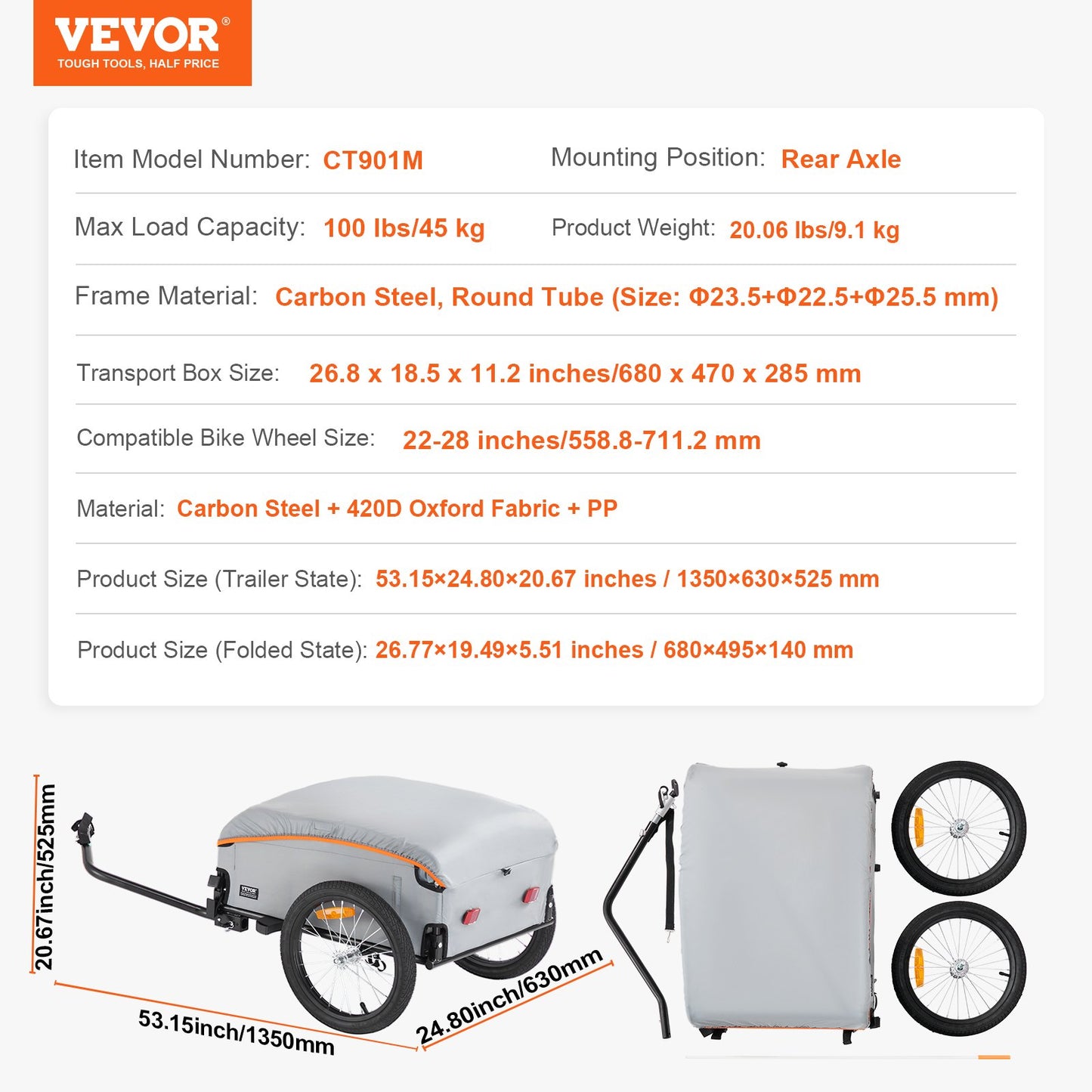 VEVOR Bike Cargo Trailer, 45 kg Load, Heavy-Duty Bicycle Wagon Cart, Foldable Compact